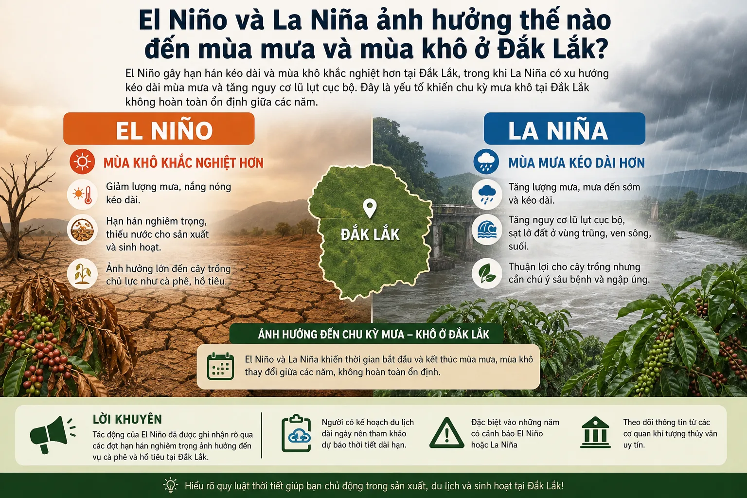 El Niño và La Niña ảnh hưởng thế nào đến mùa mưa và mùa khô ở Đắk Lắk?