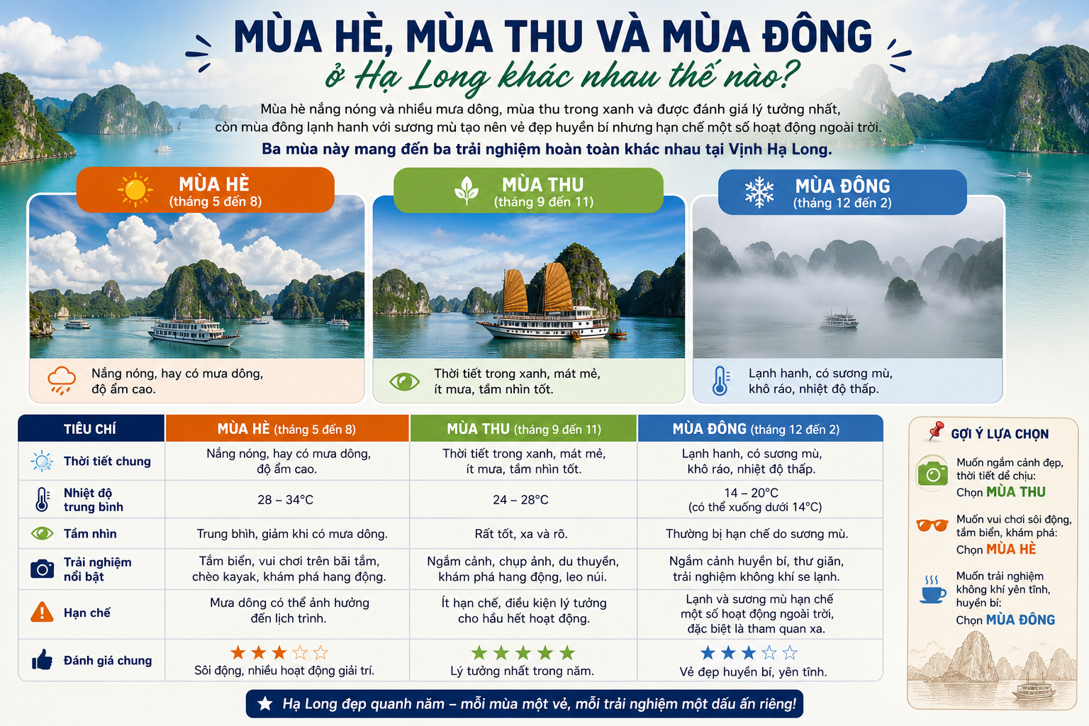 Mùa hè, mùa thu và mùa đông ở Hạ Long khác nhau thế nào?